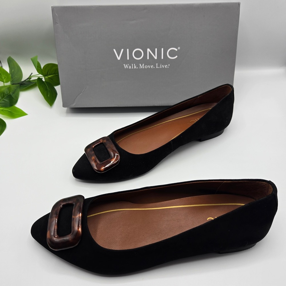 Vionic Amanda Flats Black Suede Tortoise Buckle Pointed Toe WMS 8 New In Box